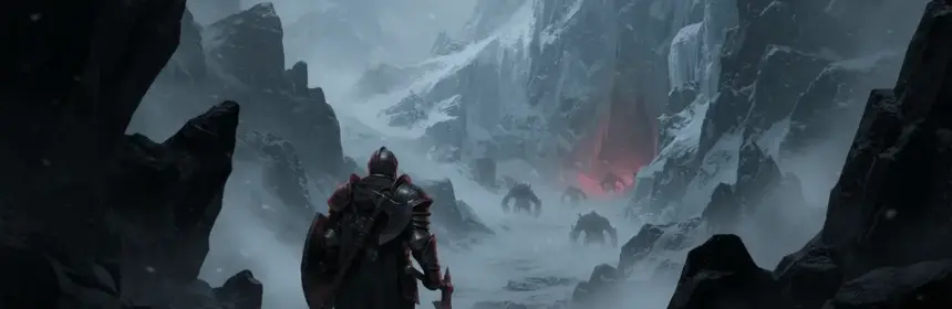 Armored adventurer facing a dangerous frozen Northrend-inspired open world