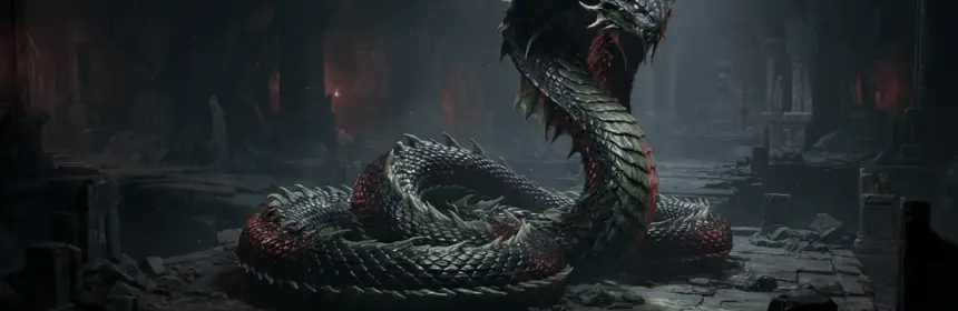 A venomous serpentine raid boss looms in a dark fantasy chamber after a major damage reduction hotfix.