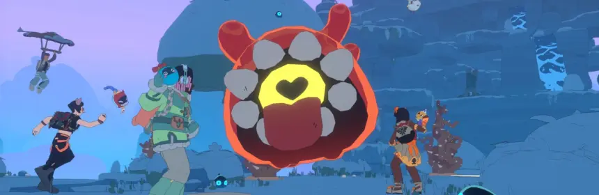 Characters from Spirit Crossing facing a large red monster in a blue-toned landscape.