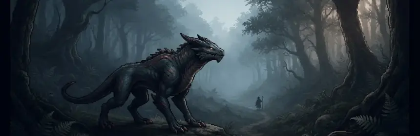 Pixel-art creature waiting in a misty forest as a player explores a shared browser MMO world