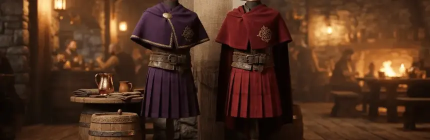 Brewfest purple and red transmog sets displayed beside fantasy home decor and a wooden keg