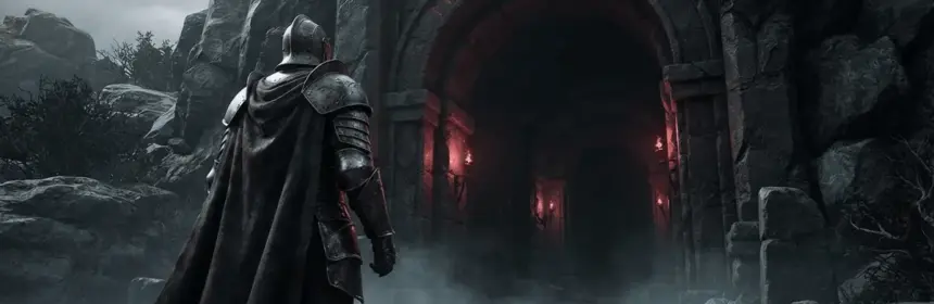 Armored adventurer entering a red-lit fantasy dungeon during the WoW Forever beta