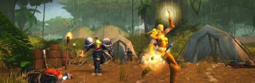 A screenshot from World of Warcraft Classic showing characters in a rainy forest camp.