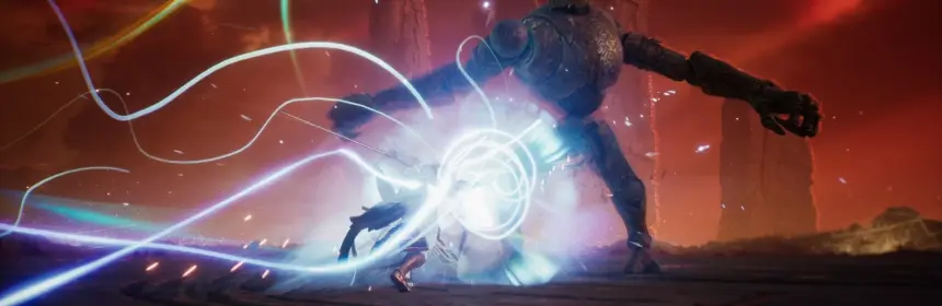 A character fighting a large robotic enemy in a desolate landscape under a red sky in AION 2.