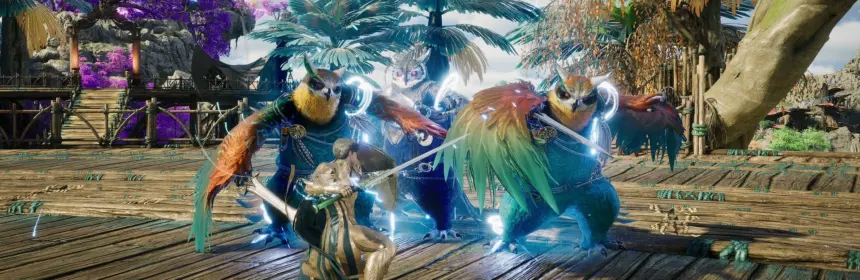 A character in armor fighting large blue owl-like creatures on a wooden pier in Aion 2.