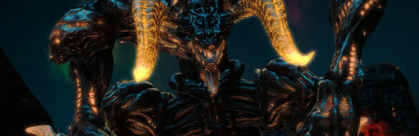 A large, dark, horned monster from Final Fantasy XIV in a volcanic environment.