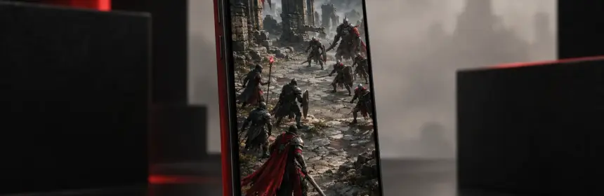 Android phone displaying a tactical fantasy MMORPG battle scene for the Broken Ranks mobile launch