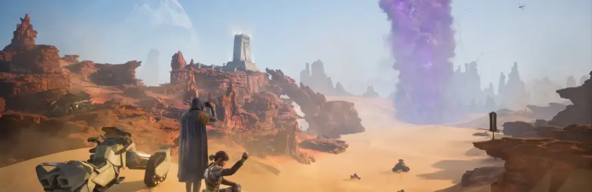 A cinematic landscape from Dune: Awakening featuring characters and a vehicle in a desert with a purple plume in the distance