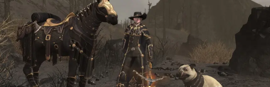 A character in ornate black and gold armor standing with a horse and a dog in a desolate landscape from The Lord of the Rings