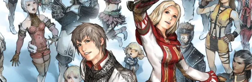 Official key art featuring a diverse group of characters from Final Fantasy XI.