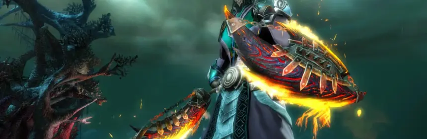 A character from Guild Wars 2 wearing ornate armor and wielding a flaming weapon in a dark, atmospheric landscape.
