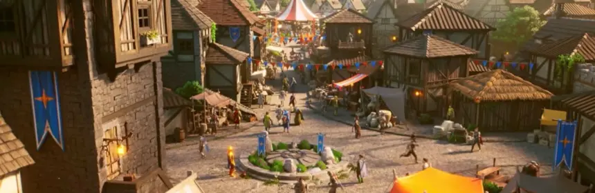 A wide shot of a medieval fantasy town with stone buildings, banners, and people in a plaza.
