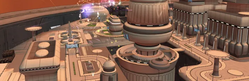 A wide screenshot of a futuristic city in Star Wars Galaxies Legends under an orange sky.