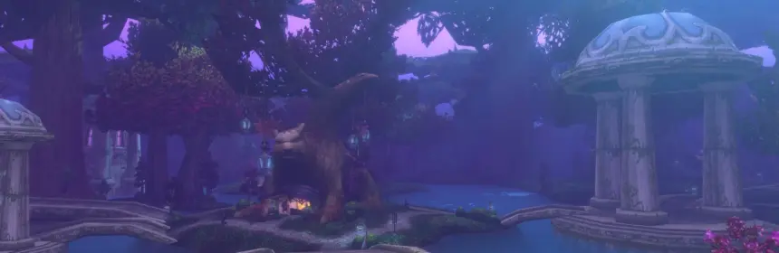 A screenshot of a lush, purple-hued forest landscape in World of Warcraft Forever, featuring a bridge and a character.
