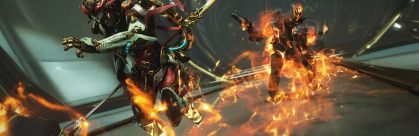 Gameplay screenshot of Warframe featuring armored characters in a sci-fi corridor with fire effects.