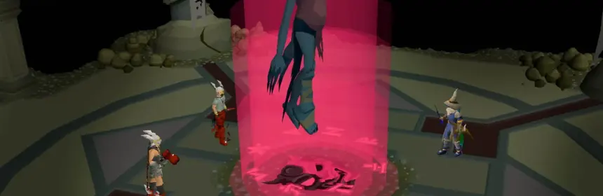 A screenshot from Old School RuneScape showing players gathered around a large creature inside a red energy beam.