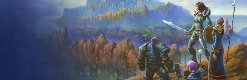 A group of World of Warcraft characters standing on a cliff overlooking a fantasy landscape with a large tree.
