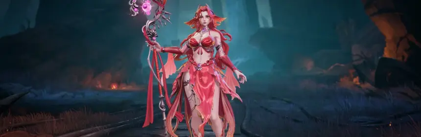A female character from Torchlight: Infinite holding a staff in a dark, atmospheric landscape.