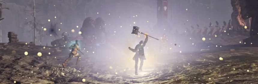 Gameplay screenshot of Camelot Unchained showing characters fighting in a misty, rocky environment.