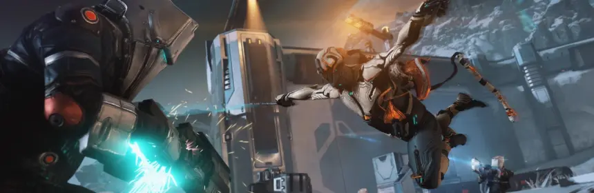 Warframe gameplay showing a Tenno character leaping through the air to attack enemies in a snowy environment.