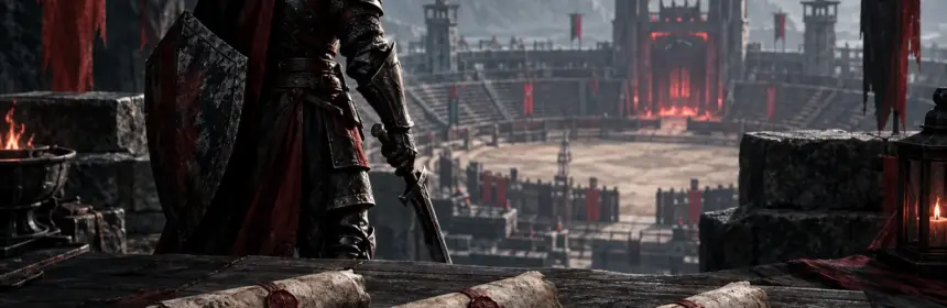 Armored fantasy champion overlooking a battleground with persistent seasonal PvP quest rewards